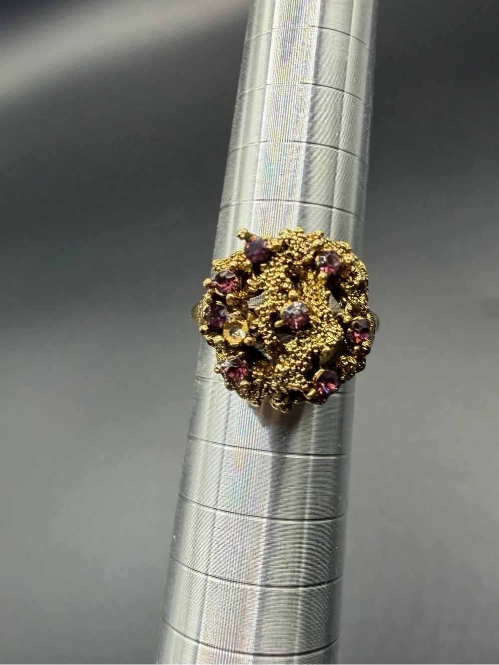 Vintage Gold Tone Adjustable Brutalist Amethyst Coral Nugget Style Ring Size 7.5